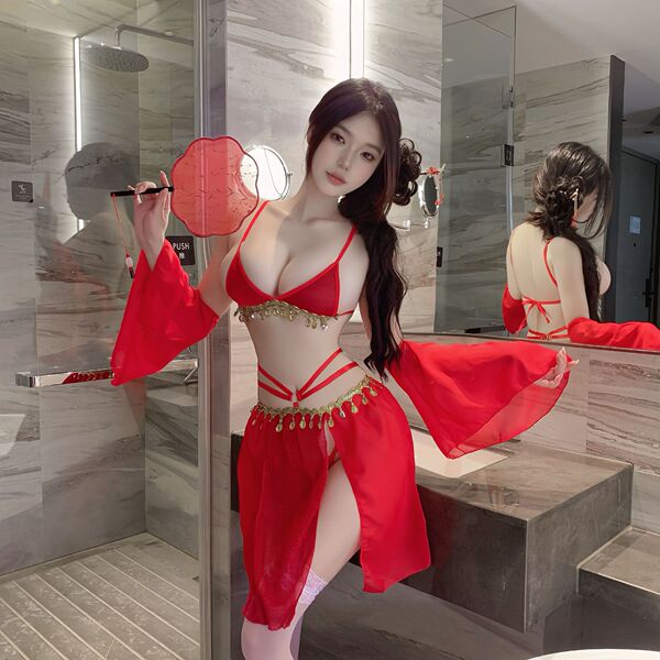 Tang Dynasty Silk Lace Lingerie Set - Gold-Thread Embroidered Sheer Sensual Outfit, Poetic Elegance & Pure Desire Style - Red and white open crotch