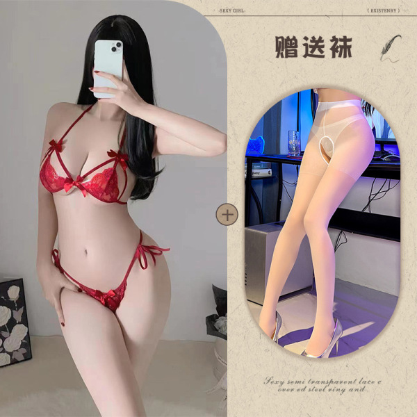 Qing Ran Sexy Lace Bra and Panty Set - Transparent Temptation Sleepwear for Women, Wholesale Available - Red and white open-crotch socks