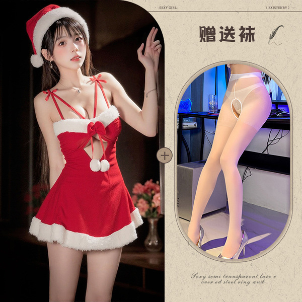 Night Fragrance Christmas Cosplay Velvet Nightgown - Sexy Role Play Lingerie for Holiday & New Year - Red and white open-crotch socks