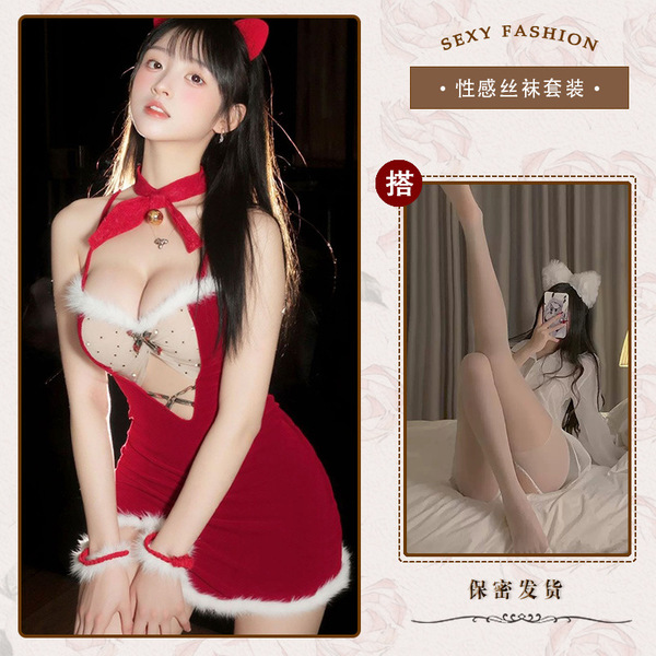 Xintao New Year Lingerie Dress - Sexy Sheer Velvet Slip Dress with High Slit & Deer Motif for Date Night or Sleep - Red and white open-crotch socks