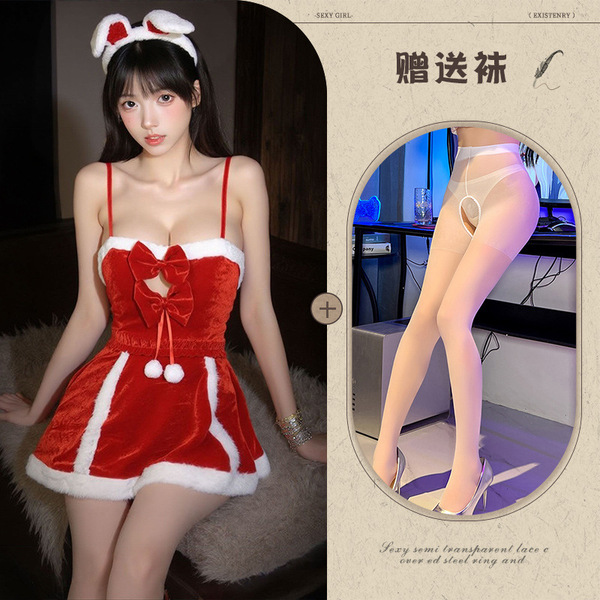 Red New Year Lingerie Set - Sexy Strap Dress, Bunny Girl Costume & Role Play Outfit for Christmas & Holiday Fun - Red and white open-crotch socks