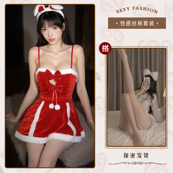 Xintao Christmas Lingerie Set - Sexy Red Velvet Sleep Dress for New Year's Eve, Role Play & Party Wear - Red and white open-crotch socks
