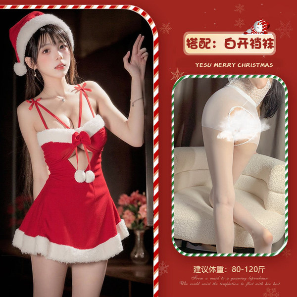 Qingqingmimi Christmas Cosplay Velvet Sleep Dress - Sexy Role Play Lingerie for Holiday & New Year Eve - Red and white open-crotch socks