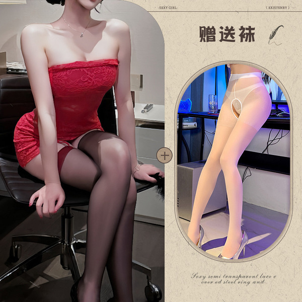 New Year Eve Lingerie Dress - Red Lace Corset Mini Dress, Sexy Bodycon Party Outfit for Women - Red and white open-crotch socks