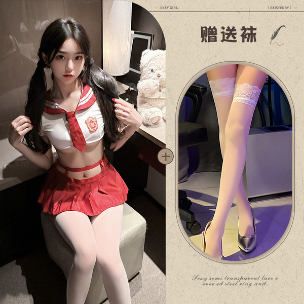 Pure & Tempting JK Uniform Set - Sailor Style Skirt Outfit for Cosplay, Role Play & Lingerie - Red and white outfit + white stockings