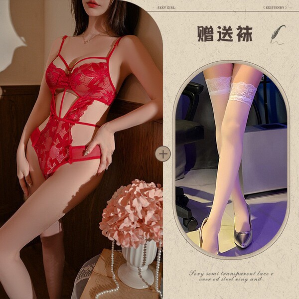 Sexy Lace Bodysuit for Women - Sheer Temptation, Push-Up, Open-Crotch Design, Alluring Lingerie Set - Red and white stockings