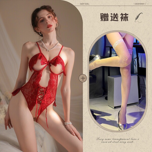 Mannyqing Sexy Lace Bodysuit for Small Bust Women - Open-Crotch Allure Sleepwear, One-Size Seductive Lingerie - Red and white fishnet stockings
