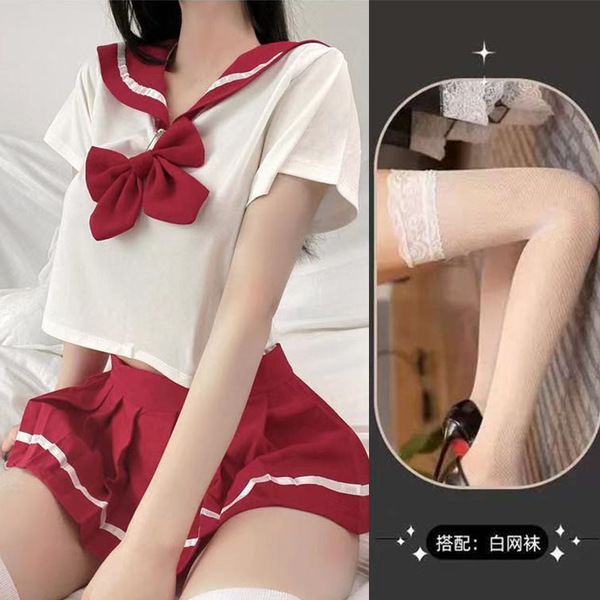 Sexy Student-Style Lingerie Set - Cute JK Uniform Short Skirt Outfit for Women - Red and white fishnet stockings