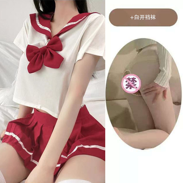 Sexy Student-Style Lingerie Set - Cute JK Uniform Short Skirt Outfit for Women - Red and white open-crotch socks