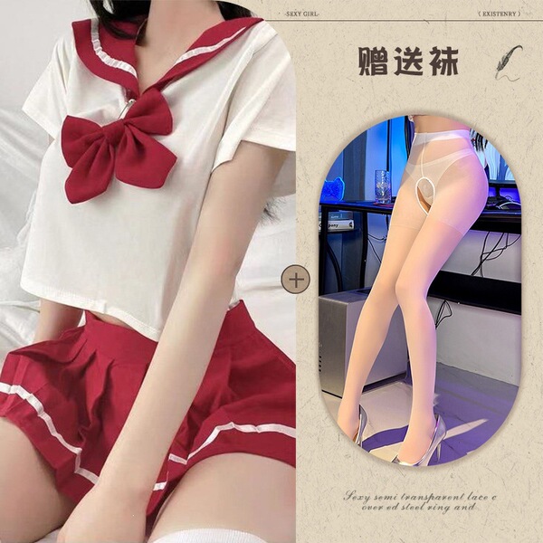 Mannye Qing Sexy Lingerie Set - Cute Schoolgirl JK Uniform Skirt, Seductive & Trendy Outfit for Women - Red and white open-crotch socks