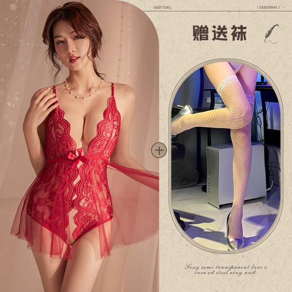 Mannyqing Lingerie Set - Sexy Lace Open-Crotch Bodysuit with Sheer Mesh Nightwear for Women - Burgundy + white fishnet stockings