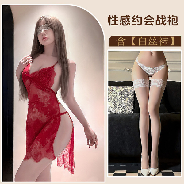 Seductive Lace Lingerie Set - Sheer Sensual Pure-Desire Women's Erotic Underwear - Red and white stockings