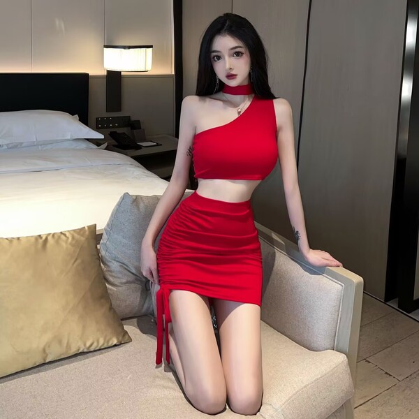 Sexy Nightclub Queen Outfit - Off-Shoulder Top & Drawstring Pencil Skirt Set for Bold Women - Red and white stockings