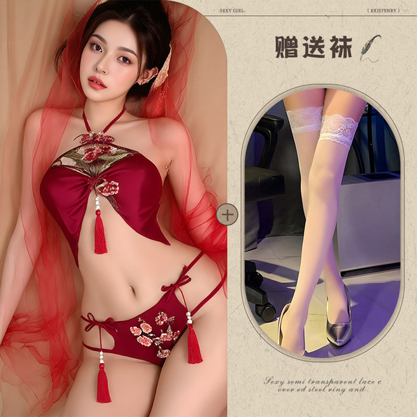 Ancient Chinese Wedding Lingerie Set - Silk Brocade Qipao-Inspired Bodice with Peony Embroidery & Sheer Mesh - Red and white stockings