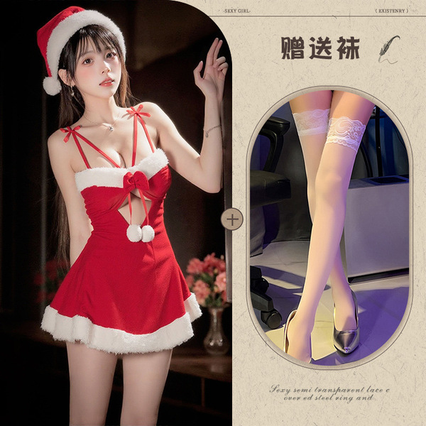 Sexy Christmas Lingerie Dress - Naughty Holiday Sleep Gown, No-Remove Seductive Nightwear for New Year & Cosplay - Red and white stockings
