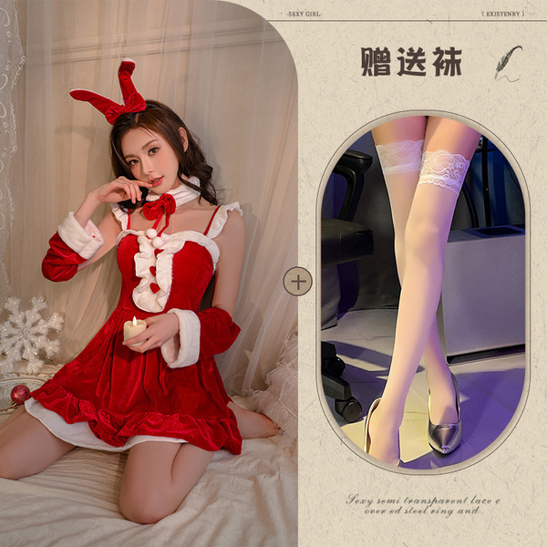 Velvet Christmas Lingerie Set - Festive New Year Lolita Sleepwear & Matching Robe Outfit - Red and white stockings