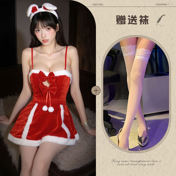 Red New Year Lingerie Set - Sexy Bunny Costume & Role Play Outfit for Women - Red and white stockings