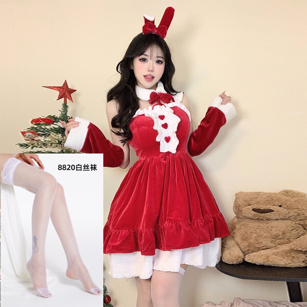 Sexy Christmas Lingerie Set - Bunny Girl & Maid Costume for New Year Date Night Outfit, Plus Size Available - Red and white stockings
