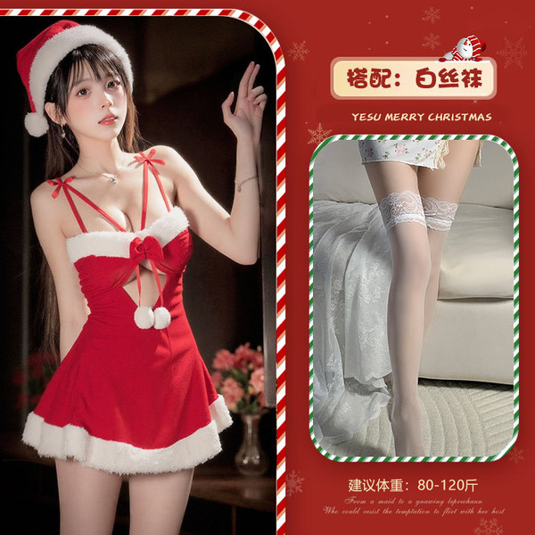Qingqingmimi Christmas Cosplay Velvet Sleep Dress - Sexy Role Play Lingerie for Holiday & New Year Eve - Red and white stockings