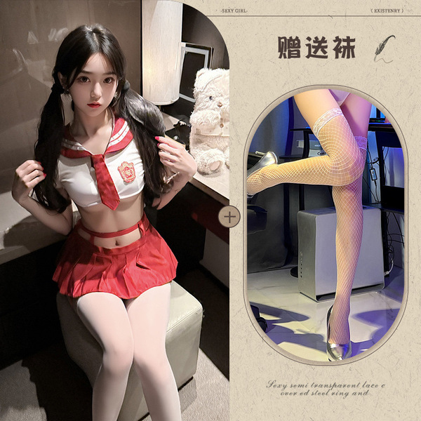 Pure & Tempting JK Uniform Set - Sailor Style Skirt Outfit for Cosplay, Role Play & Lingerie - Red and white outfit + white fishnet stockings