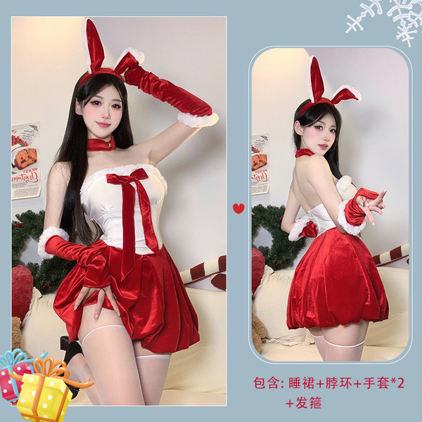 Sexy Christmas Bunny Girl Costume Set - Festive Erotic Lingerie Outfit for New Year's Eve & Holiday Parties - (6398 Wine Red)