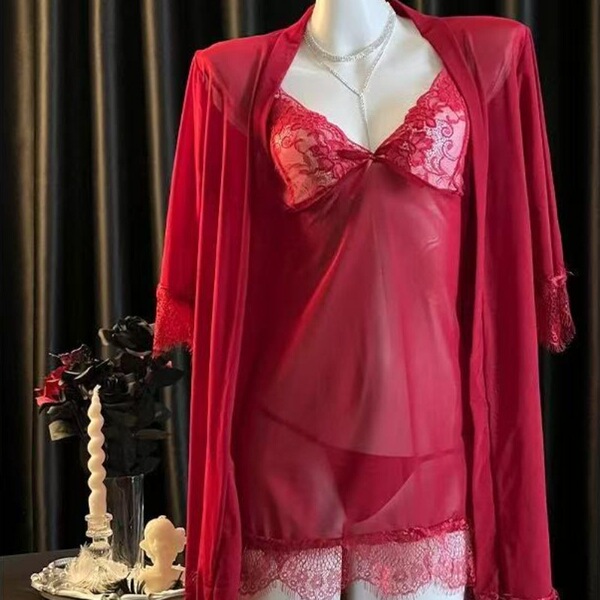 Sexy Lace Sleepwear Set for Women – Sheer Mesh Cami & Shorts, Seductive Summer Lounge Outfit - Claret