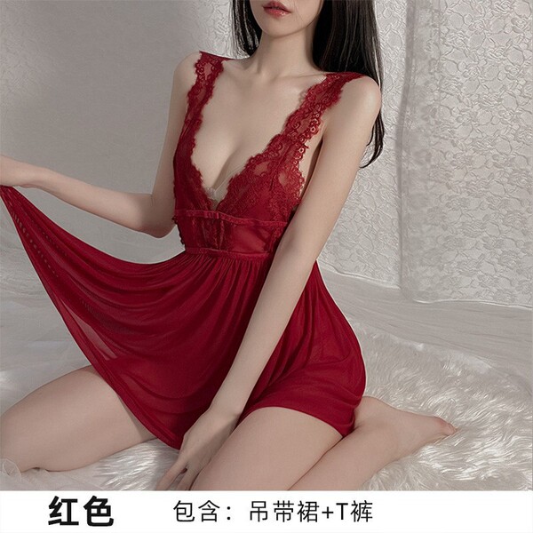 Sexy Sheer Lace Sleepwear for Women – Back-Slit Mesh Nightgown, Breathable & Flirty Bedroom Lingerie - Claret
