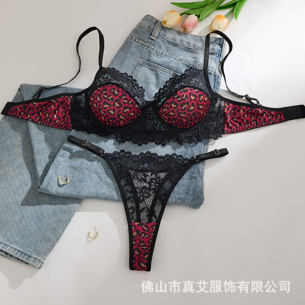 Sexy Leopard Print Lace Bra Set - Lightweight Push-Up Lingerie for Women, Wild & Alluring - Wine Red