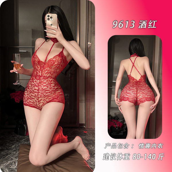 Yese Yese Sexy Lace Bodysuit - Sheer Cross-Strap Halter Nightwear for Women, Pure & Alluring Lingerie Set - Wine Red