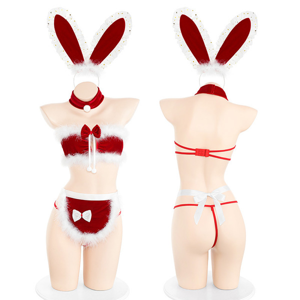 Red new year bunny lingerie set featuring sexy no-remove rabbit girl costume for women, perfect for festive occasions.