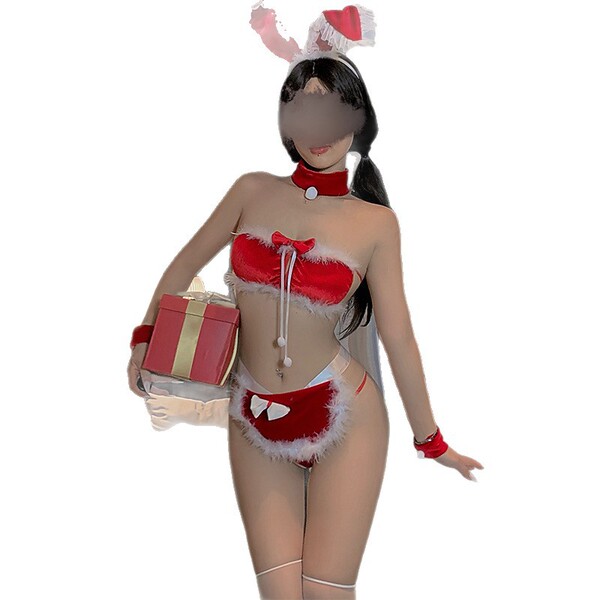 Red new year bunny lingerie set featuring festive red and white design with bunny ears, perfect for valentines, halloween, an...