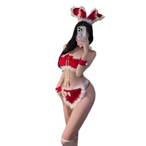 Red new year bunny lingerie set featuring a sexy no-remove rabbit girl bodysuit with matching accessories, perfect for festiv...