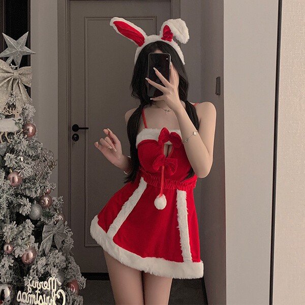 Red new year lingerie set - sexy strap dress, bunny girl costume for christmas role play, festive holiday outfit with bunny e...