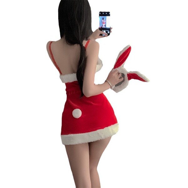 Red new year lingerie set - sexy strap dress, bunny girl costume for christmas role play