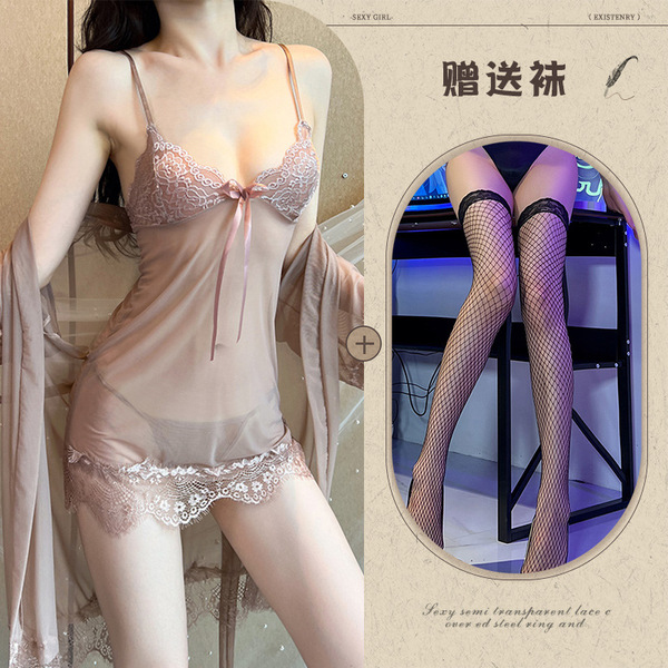 Qingran European and American Style Lace Lingerie Set - Sexy Sheer Babydoll Dress & Thong 3-Piece Plus Size Outfit - Red bean paste + black fishnet stockings