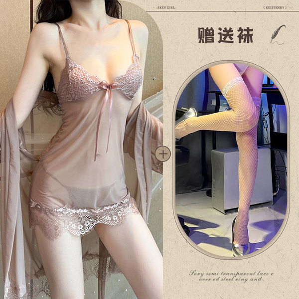 Qingran European and American Style Lace Lingerie Set - Sexy Sheer Babydoll Dress & Thong 3-Piece Plus Size Outfit - Red bean paste + white fishnet stockings