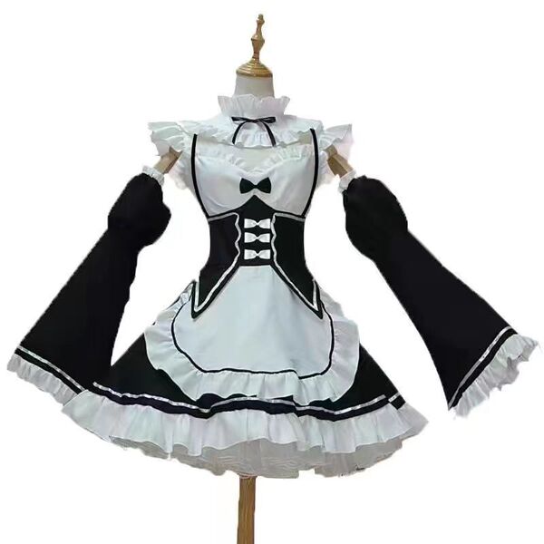 Zero to Hero Re:Zero Cosplay Costume – Ram & Rem Maid Outfit Full Set for Women - Rem outfit set (5 pieces) + free headpiece ♢