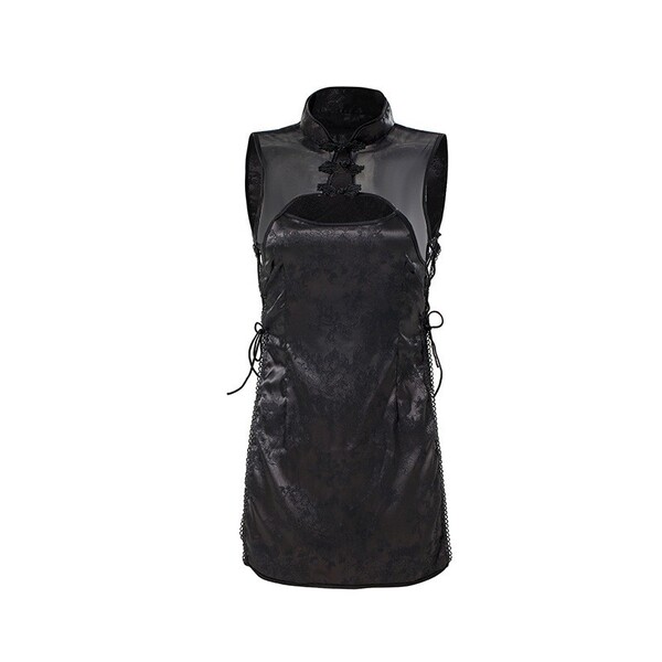 Black retro chinese cheongsam lingerie set with side slits, adjustable straps, and bondage-inspired design for role play.