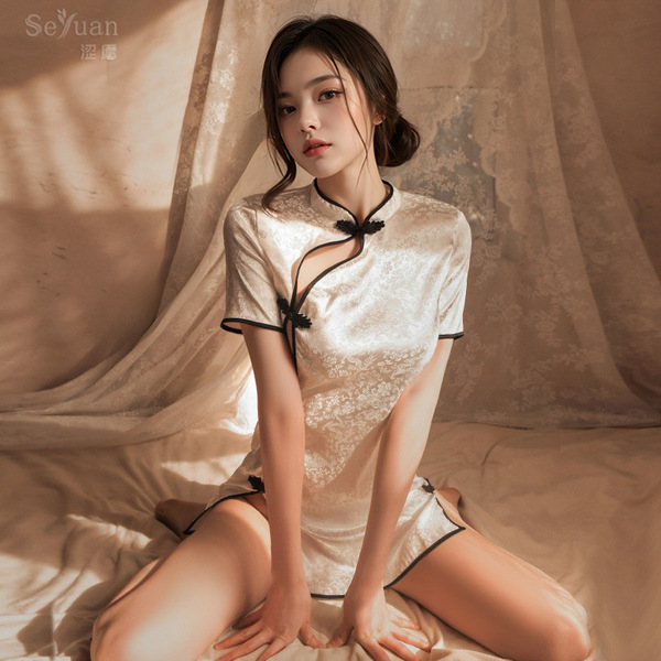 Elegant retro chinese-style lace-up cheongsam lingerie set with high slit, perfect sexy uniform outfit for women.