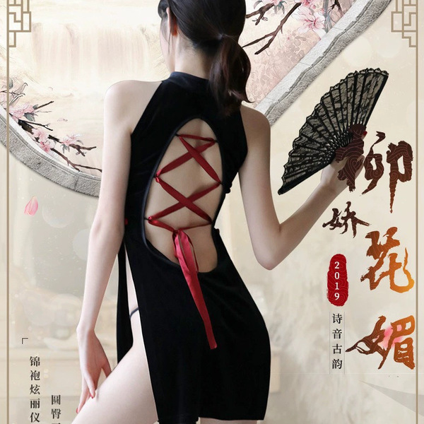 Retro chinese-style lingerie set - back-tie cheongsam costume with sheer cutouts for nightclub & performance