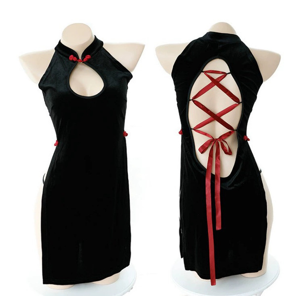 Retro chinese-style lingerie set - back-tie cheongsam costume with sheer cutouts for nightclub & performance