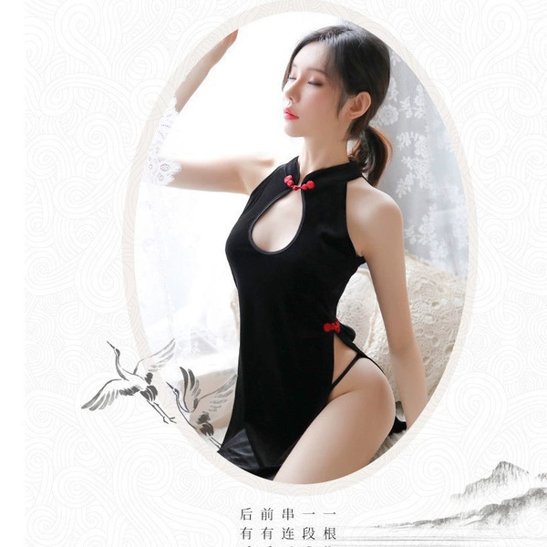 Retro chinese-style lingerie set - back-tie cheongsam costume with sheer cutouts for nightclub & performance