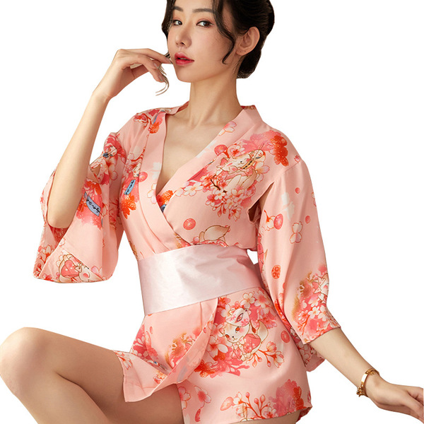 Elegant pink retro japanese kimono lingerie set featuring floral patterns, lace bodysuit with cut-out details, and waist-cinc...