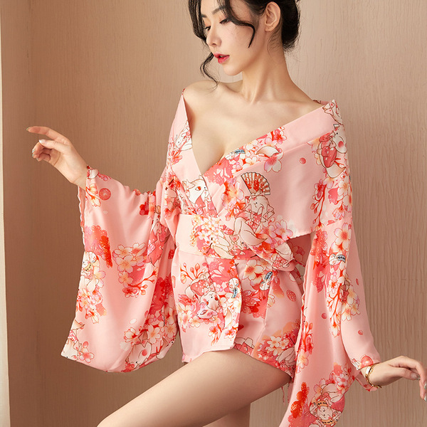 Elegant pink retro kimono lace lingerie set with sheer sleeves, perfect for women seeking sexy allure and classic design char...