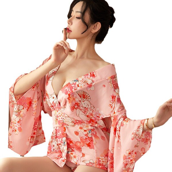 Retro kimono lace lingerie set - sexy sheer sleeve corset costume for women, featuring floral patterns and elegant design.