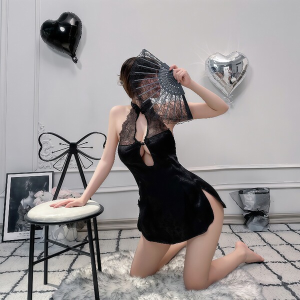 Sexy retro lace cheongsam lingerie with sheer mesh backless design, vintage erotic outfit, one-piece costume for women.