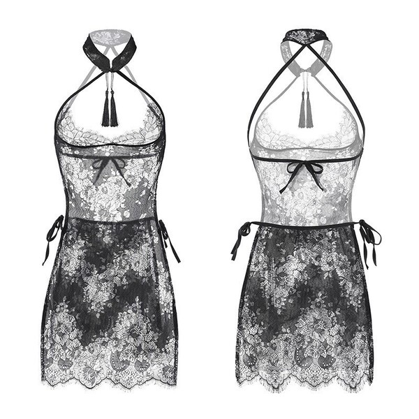 Retro lace cheongsam sleepwear set featuring sexy vintage design, buttoned details, tassels, and sheer cutouts for elegant al...