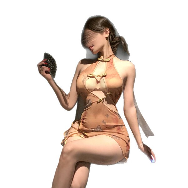 Woman in retro lace chinese qipao lingerie with butterfly print, seductive no-remove design, holding a fan.