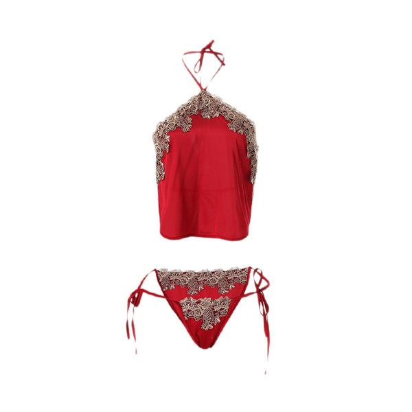 Retro sexy lingerie set for women – removable halter top with embroidered lace and matching bodice with tie-details