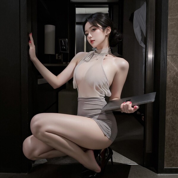 Mannye Qing Sensual Lingerie Set - Sheer Secretary Skirt & Sleepwear Outfit for Women, Pure Temptation Costume - Ribbon pencil skirt + black fishnet stockings